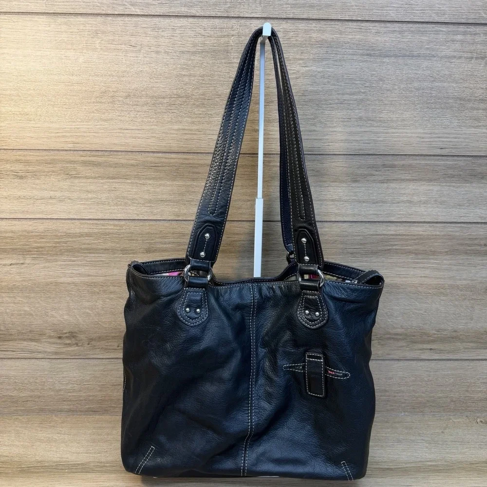 TIGNANELLO Black Pebbled Leather Shoulder Bag Large Tote Classic Double Handle